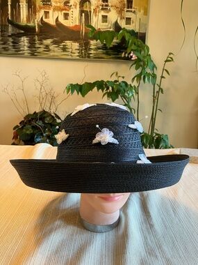 Black Wide-Brim Straw Hat with White Beaded Floral Appliqués